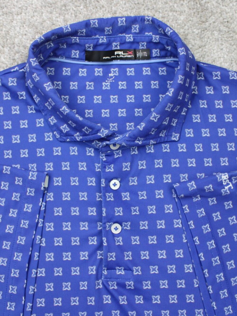 RLX Ralph Lauren Polo Shirt Men 2XL XXL Blue Geometric Golf Stretch Short Sleeve